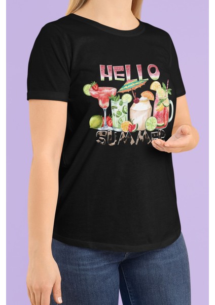 Hello Summer Baskılı Yaz Temalı Unisex Regular Fit Pamuklu Siyah Tişört