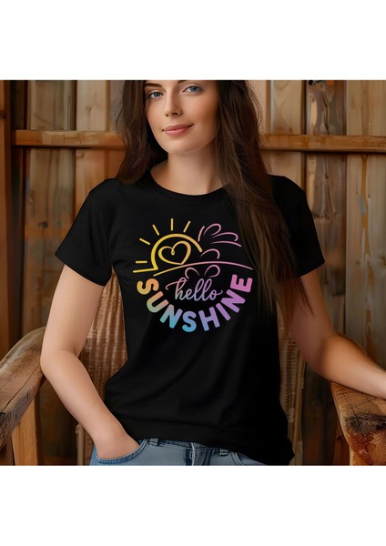 Hello Sunshine Baskılı Yaz Temalı Unisex Regular Fit Pamuklu Siyah Tişört