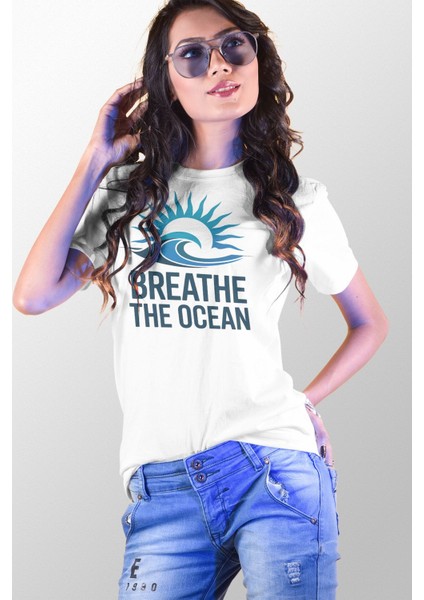 Breathe The Ocean Baskılı Yaz Temalı Unisex Regular Fit Pamuklu Beyaz Tişört