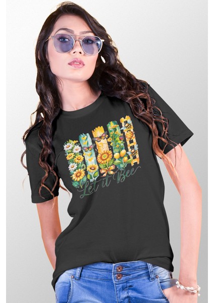 Let It Bee Baskılı Unisex Regular Fit Pamuklu Siyah Tişört