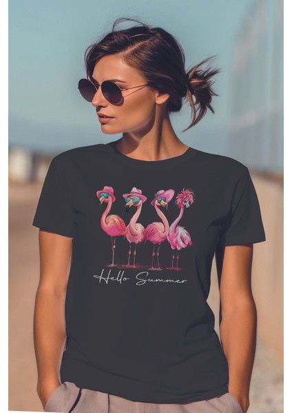 Hello Summer Pembe Flamingolar Baskılıyaz Temalı Unisex Regular Fit Pamuklu Siyah Tişört