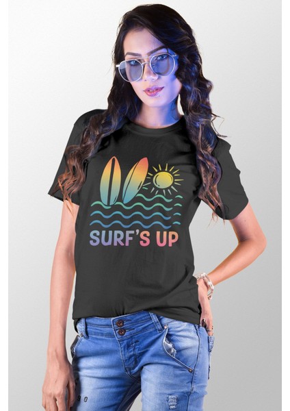 Surf's Up Baskılı Yaz Temalı Unisex Regular Fit Pamuklu Siyah Tişört