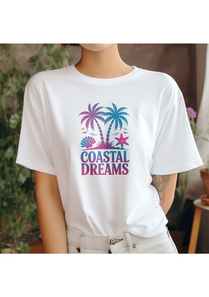Coastal Dreams Baskılı Yaz Temalı Unisex Regular Fit Pamuklu Beyaz Tişört