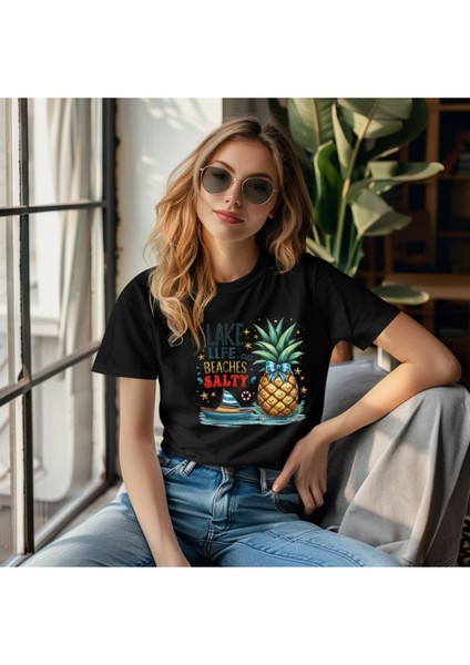 Lake Life Cuz Beaches Satly Baskılı Unisex Regular Fit Pamuklu Siyah Tişört