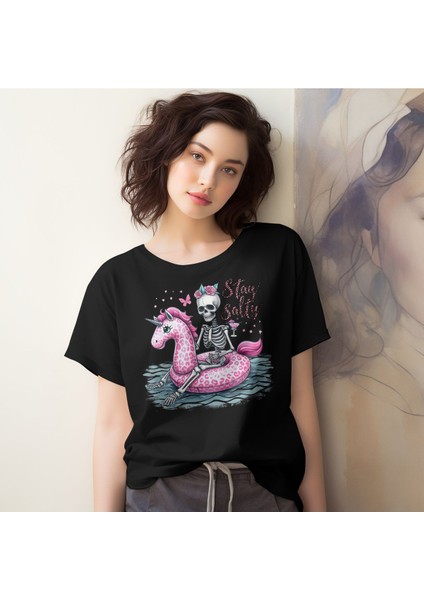 Sray Salty Baskılı Yaz Temalı Unisex Regular Fit Pamuklu Siyah Tişört