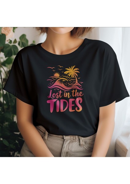 Lost In The Tides Baskılı Yaz Temalı Unisex Regular Fit Pamuklu Siyah Tişört