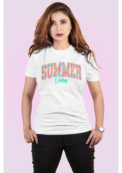 Summer Vibes Turkuaz Yaz Temalı Baskılı Unisex Regular Fit Pamuklu Beyaz Tişört
