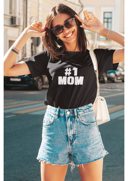 Number One Mom Baskılı Anneler Günü Eğlenceli Hediyelik Unisex T-Shirt