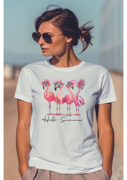 Hello Summer Pembe Flamingolar Baskılıyaz Temalı Unisex Regular Fit Pamuklu Beyaz Tişört