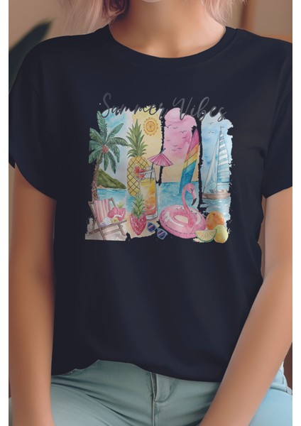 Summer Vibes Baskılıyaz Temalı Unisex Regular Fit Pamuklu Siyah Tişört