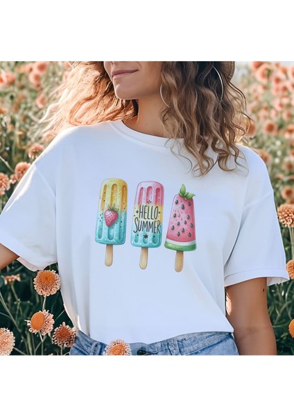 Hello Summer Dondurma Baskılı Unisex Regular Fit Pamuklu Beyaz Tişört