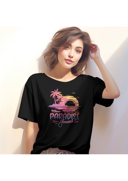 Paradıse Found Baskılı Yaz Temalı Unisex Regular Fit Pamuklu Siyah Tişört