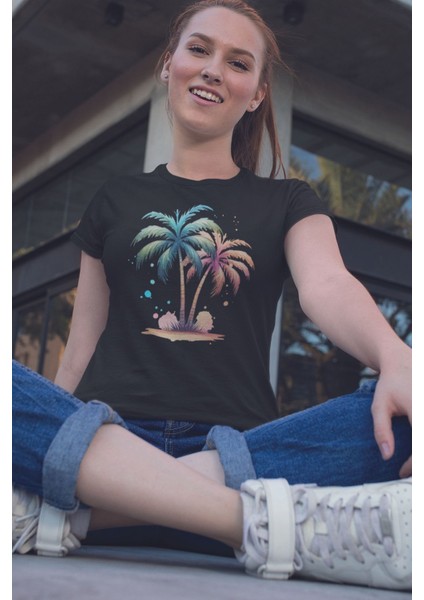 Tropikal Palmiyeler Baskılıyaz Temalı Unisex Regular Fit Pamuklu Siyah Tişört