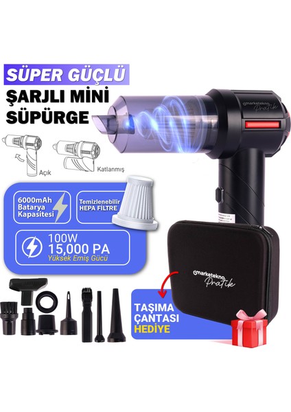 Pratik Şarjlı Süper Güçlü Mini Araç Süpürgesi, Çantalı Taşınabilir Üflemeli El Süpürgesi 15000PA
