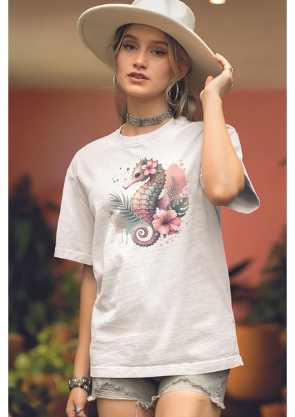 Deniz Atı Baskılıyaz Temalı Unisex Regular Fit Pamuklu Beyaz Tişört