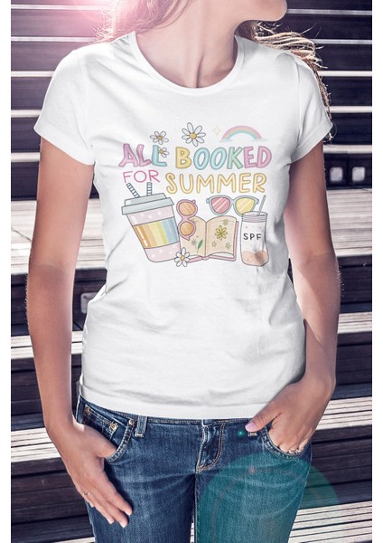 All Booked For Summer Baskılı Yaz Temalı Unisex Regular Fit Pamuklu Beyaz Tişört