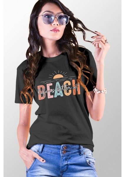 Life Is Better At Beach Baskılıyaz Temalı Unisex Regular Fit Pamuklu Siyah Tişört