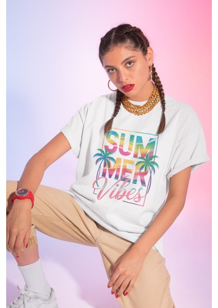 Summer Vibes Tropikal Baskılı Yaz Temalı Unisex Regular Fit Pamuklu Beyaz Tişört