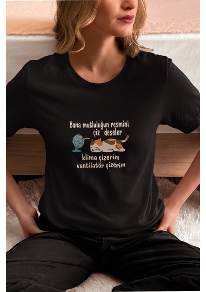 Mutluluğun Resmi-Kedi Baskılı Eğlenceli Komik Hediyelik Kadın T-Shirt