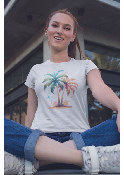 Tropikal Palmiyeler Baskılıyaz Temalı Unisex Regular Fit Pamuklu Beyaz Tişört
