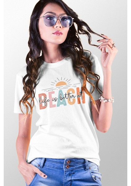 Life Is Better At Beach Baskılıyaz Temalı Unisex Regular Fit Pamuklu Beyaz Tişört