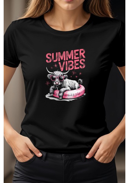 Summer Vibes Cow Baskılı Unisex Regular Fit Pamuklu Siyah Tişört