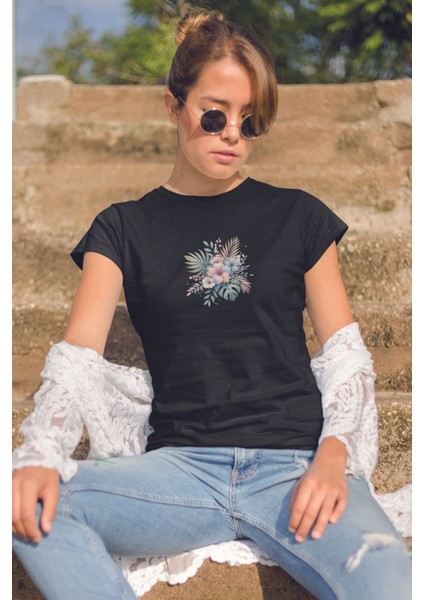 Tropikal Çiçekler Baskılıyaz Temalı Unisex Regular Fit Pamuklu Siyah Tişört
