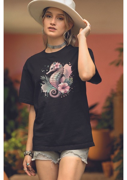 Deniz Atı Baskılıyaz Temalı Unisex Regular Fit Pamuklu Siyah Tişört