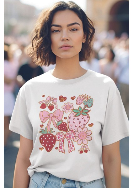 Çilek ve Kurdele No:2 Baskılıyaz Temalı Unisex Regular Fit Pamuklu Beyaz Tişört