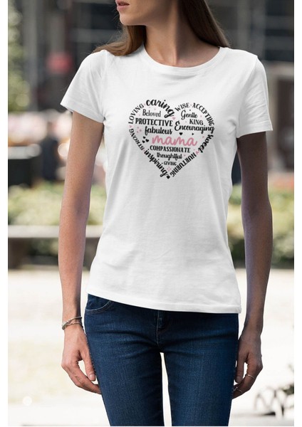 Mama Şekilli Yazılı Kalp Baskılı Anneler Günü Hediyelik Beyaz %100 Pamuklu T Shirt