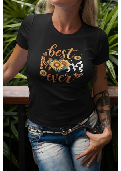 Best Mom Ever Baskılı Anneler Günü Hediyelik Siyah %100 Pamuklu T Shirt