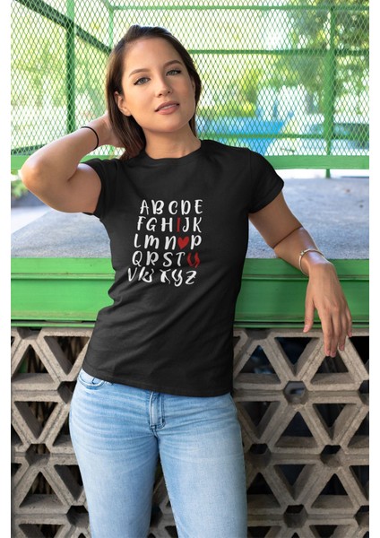 Alfabe I Love You Baskılı Sevgiliye Hediye Sevgililer Günü Unisex %100 Pamuklu T Shirt