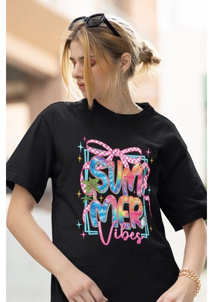 Coquette Summer Vibes Baskılı Yaz Temalı Unisex Regular Fit Pamuklu Siyah Tişört