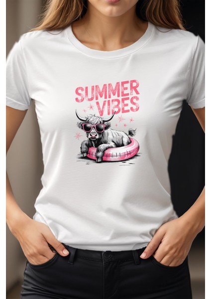 Summer Vibes Cow Baskılı Unisex Regular Fit Pamuklu Beyaz Tişört