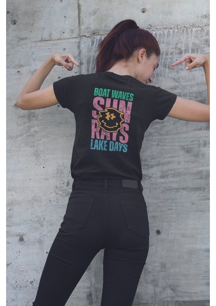 Sırt Baskılı Boat Waves Sun Rays Lake Days Baskılı Unisex Regular Fit Pamuklu Siyah Tişört