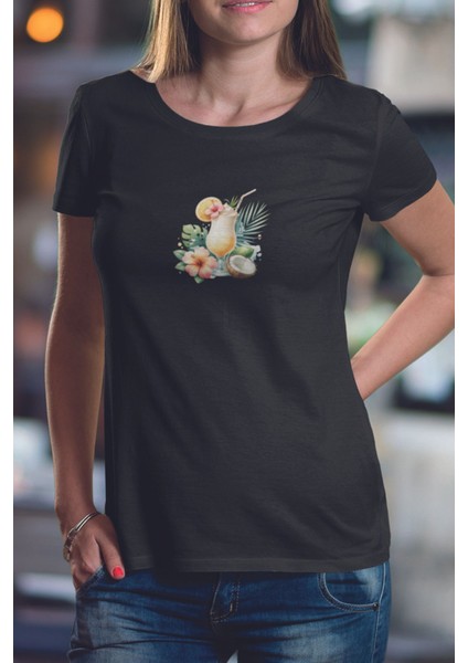 Tropikal Kokteyl Baskılıyaz Temalı Unisex Regular Fit Pamuklu Siyah Tişört