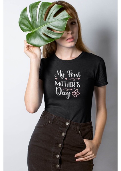 My First Mother's Day Baskılı Anneler Günü Hediyelik Siyah %100 Pamuklu T Shirt