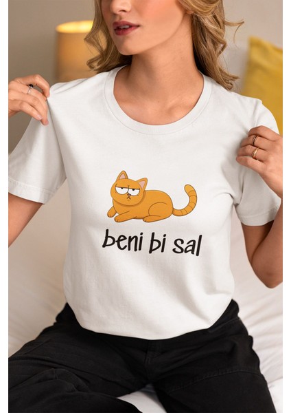 Beni Bi Sal-Bezgin Kedi Baskılı Eğlenceli Hediyelik Unisex Bisiklet Yaka %100 Pamuklu T-Shirt
