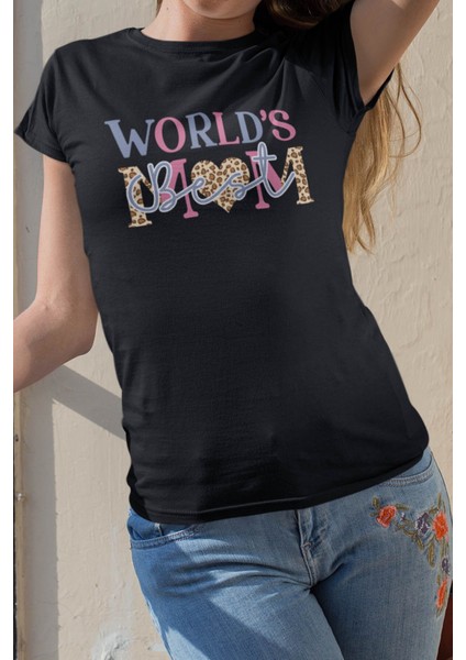 World's Best Mom Baskılı Anneler Günü Hediyelik Siyah %100 Pamuklu T Shirt