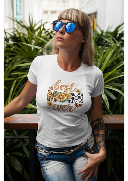 Best Mom Ever Baskılı Anneler Günü Hediyelik Beyaz %100 Pamuklu T Shirt