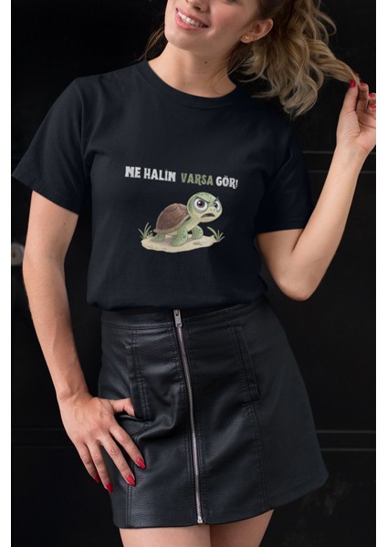 Ne Halin Varsa Gör-Sinirli Kaplumbağa Baskılı Eğlenceli Unisex Bisiklet Yaka %100 Pamuklu T-Shirt