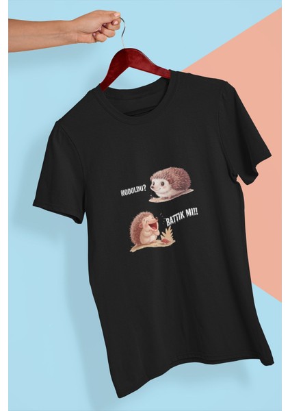 Noldu? Battık Mı? Kirpi-Baskılı Bisiklet Yaka %100 Pamuklu Unisex T-Shirt