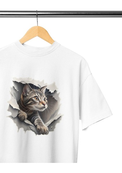 Sevimli Kedi Baskılı Kedisever, Hayvansever Için Tasarlanmış Hediyelik Beyaz Unisex T-Shirt