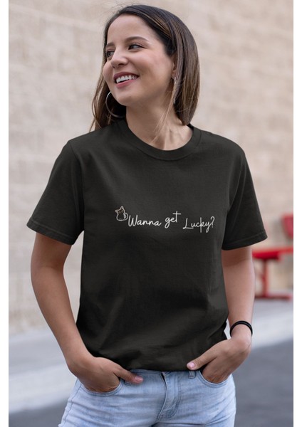 Wanna Get Lucky Şans Kedisi Baskılı Eğlenceli Hediyelik Renkli Unisex T-Shirt