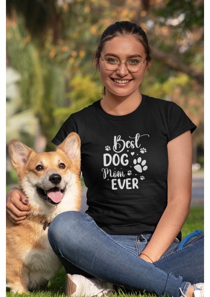 Best Dog Mom Ever No:1 Baskılı Anneler Günü Hediyelik Siyah %100 Pamuklu T Shirt