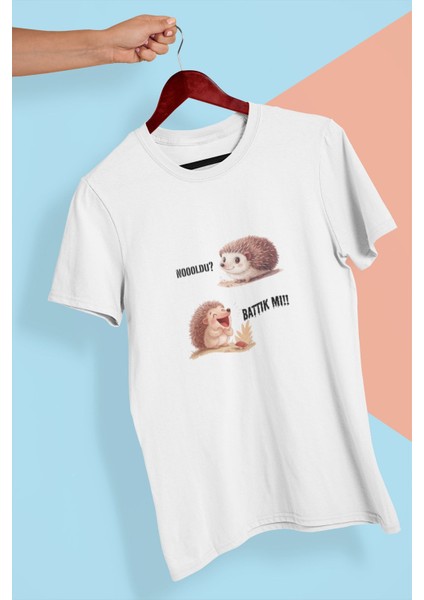 Noldu? Battık Mı? Kirpi-Baskılı Bisiklet Yaka %100 Pamuklu Unisex T-Shirt