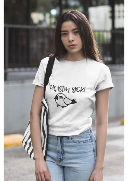 Uçasım Yok-Bezgin Kuş Baskılı Eğlenceli Unisex Bisiklet Yaka %100 Pamuklu T-Shirt