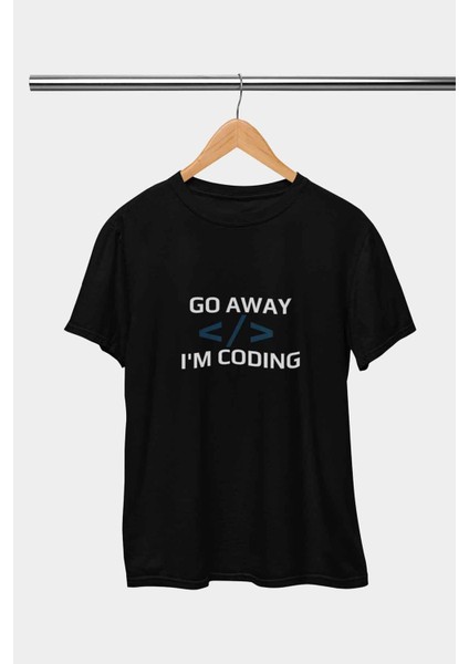 Go Away I'm Coding Baskılı Yazılımcı Eğlenceli Hediyelik Siyah Unisex T-Shirt