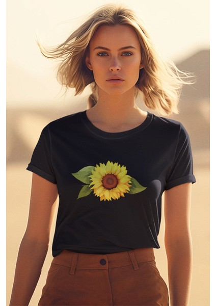 Ay Çiçeği Baskılı Siyah Unisex T-Shirt