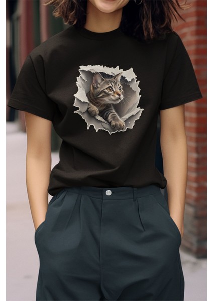 Sevimli Kedi Baskılı Kedisever, Hayvansever Için Tasarlanmış Hediyelik Beyaz Unisex T-Shirt